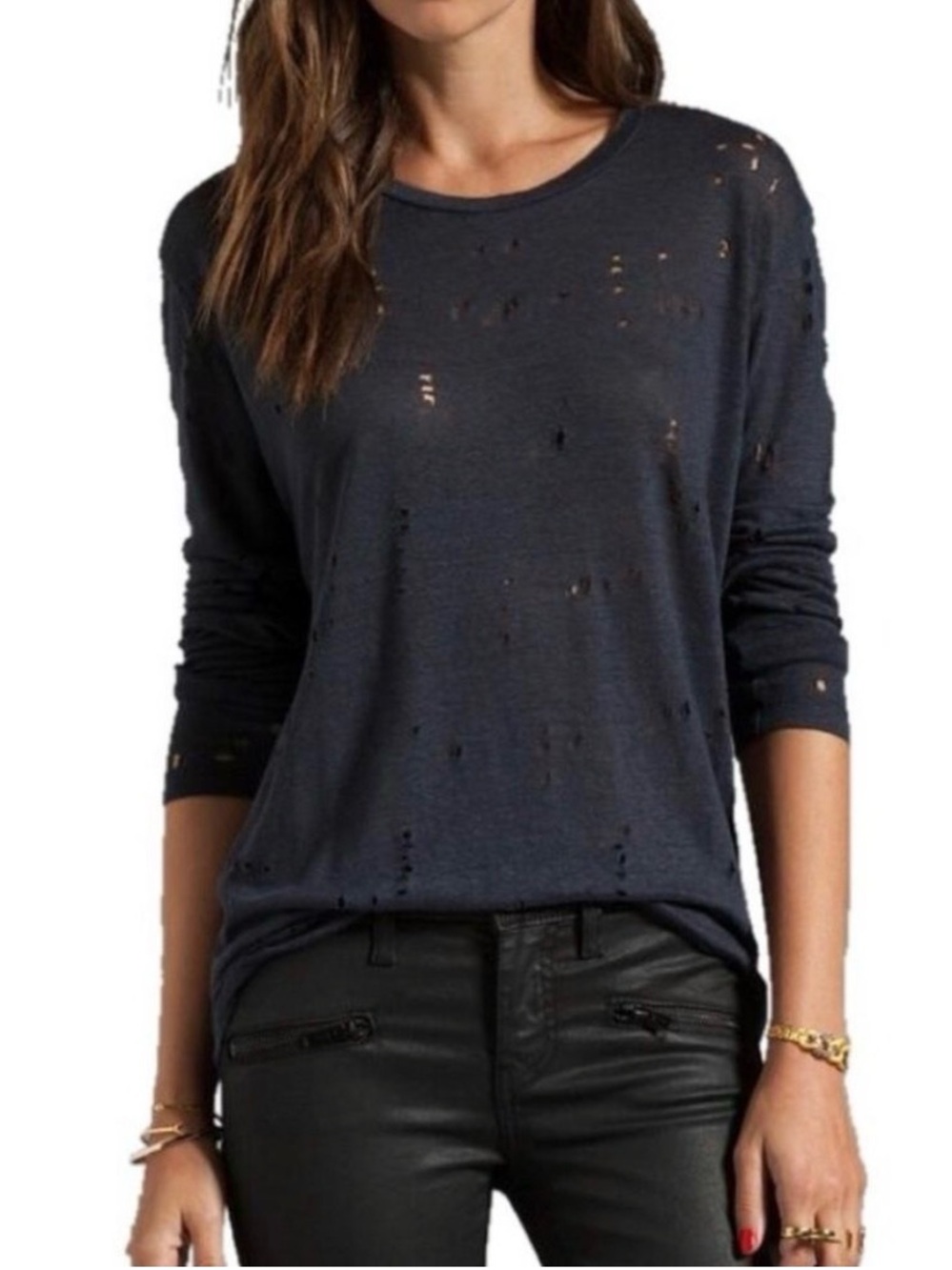 IRO Liza Distressed 100% Linen Top Navy Blue Women’s Size Medium